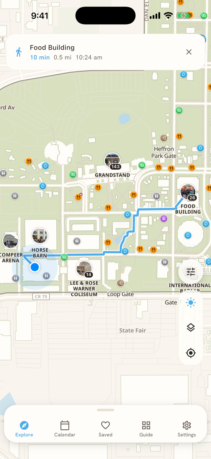 Midway map showing a walking route across the Minnesota State Fairgrounds